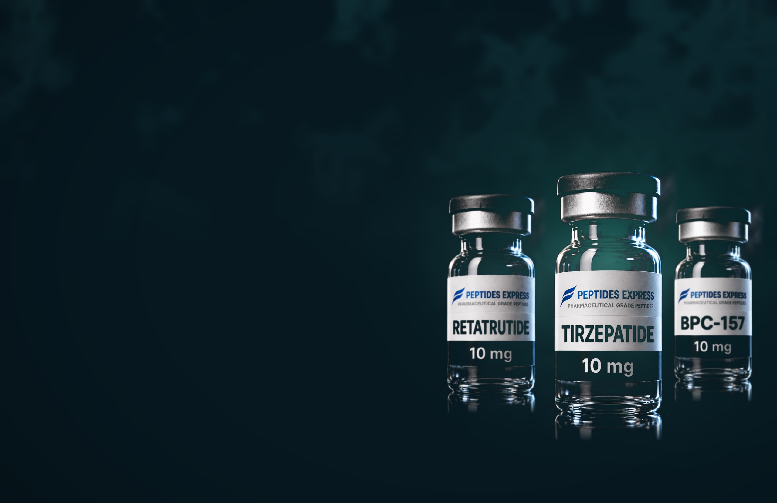 Peptides Express branded research peptide vials - BPC-157, Tirzepatide and Retatrutide