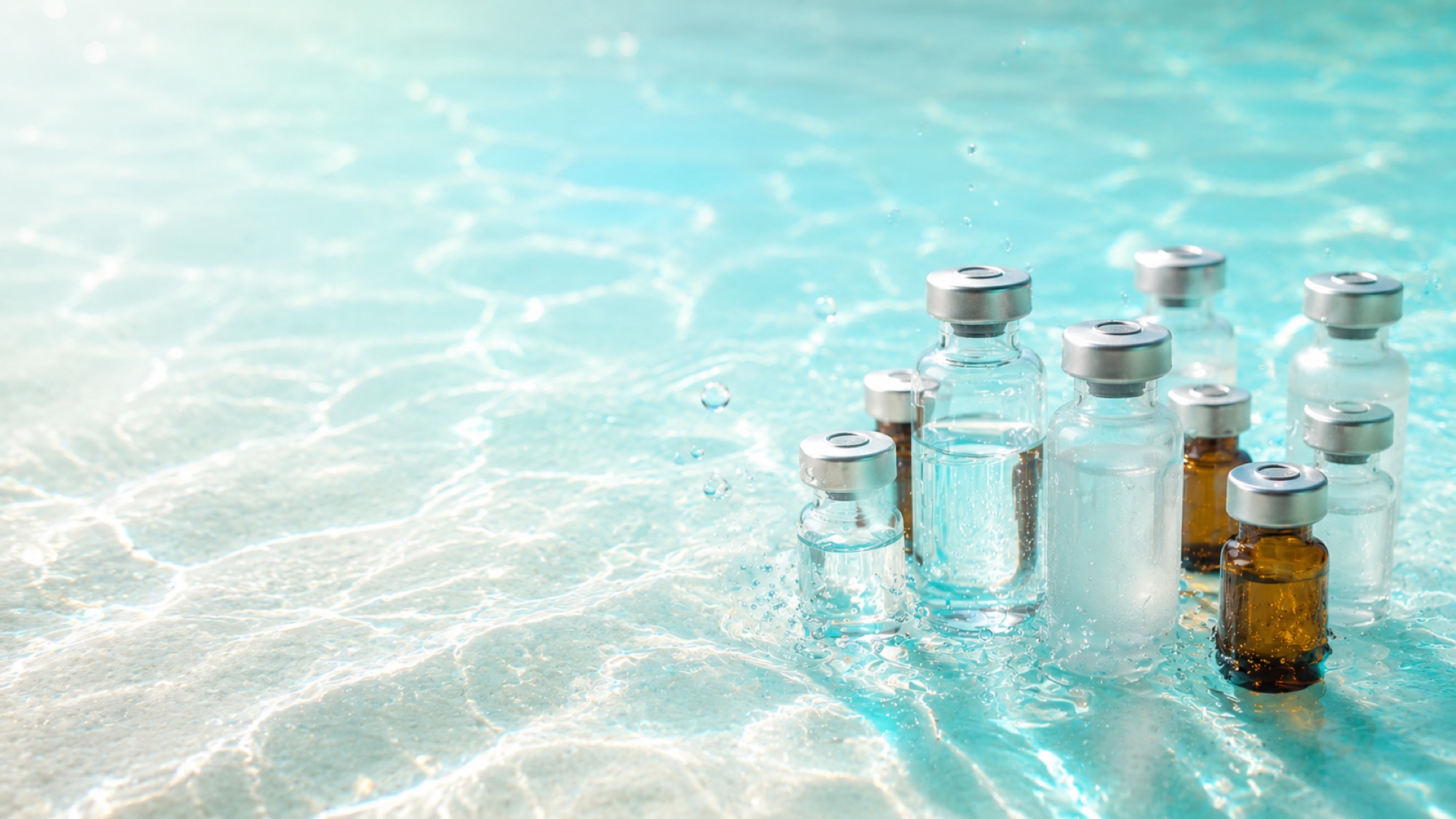 Peptide research vials in aquatic light